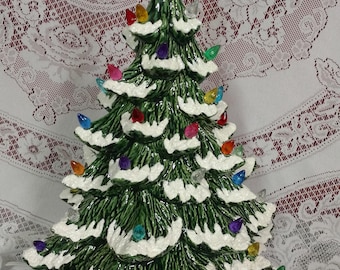 Ceramic Christmas Tree Lighted 14" Nowell Vintage Mold - Green Flocked - Star