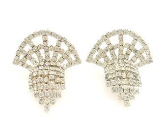 Vintage 1980s Art Deco inspired silver rhinestone fan sparkly bling statement shoe clips