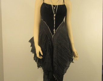 Boho Gypsy Lagenlook Tunic Dress Black Madonna Elegant Velvet with Ruffles and Lace Size S - M