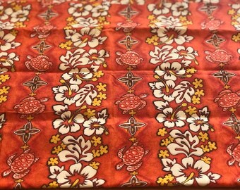 Vintage Hawaiian Orange and White Hibiscus and Turtle. Cotton, Very Wide 60"