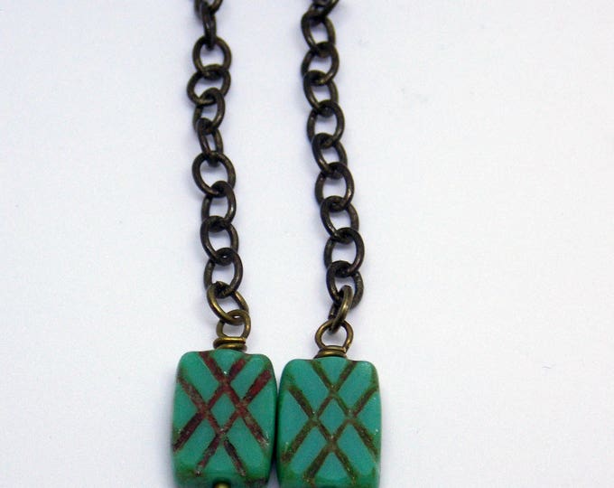 Green Czech Glass Earrings Retro Dangle Earrings Aqua Green Etched Glass Geometric Long Mod Earrings