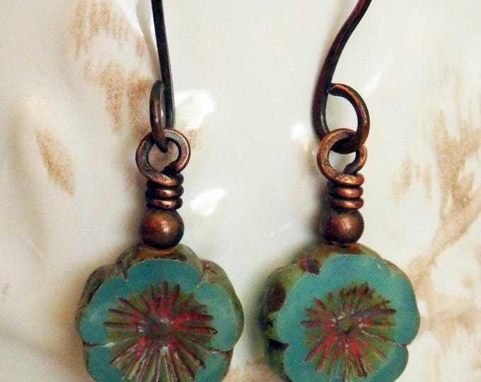 Blue Flower Boho Earrings Dangle Czech Glass Oxidized Copper Metal Hawaiian Rustic Bohemian Earrings Jewelry Woodland Earrings
