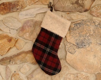Plaid Christmas Stocking, Red and Black Wool, Personalized