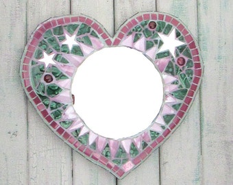 Green and Pink Heart Mosaic Mirror ~ Gift for her ~ Wall Art for the Home ~ Recycled Art ~ Heart Mosaic ~ Shabby Chic ~ unique Decor