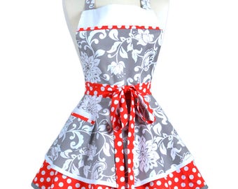 Ruffled Retro Apron / Flirty Full Womans Gray and White Floral Damask from Riley Blake Mystique Kitchen Apron Personalize or Monogram (FM)