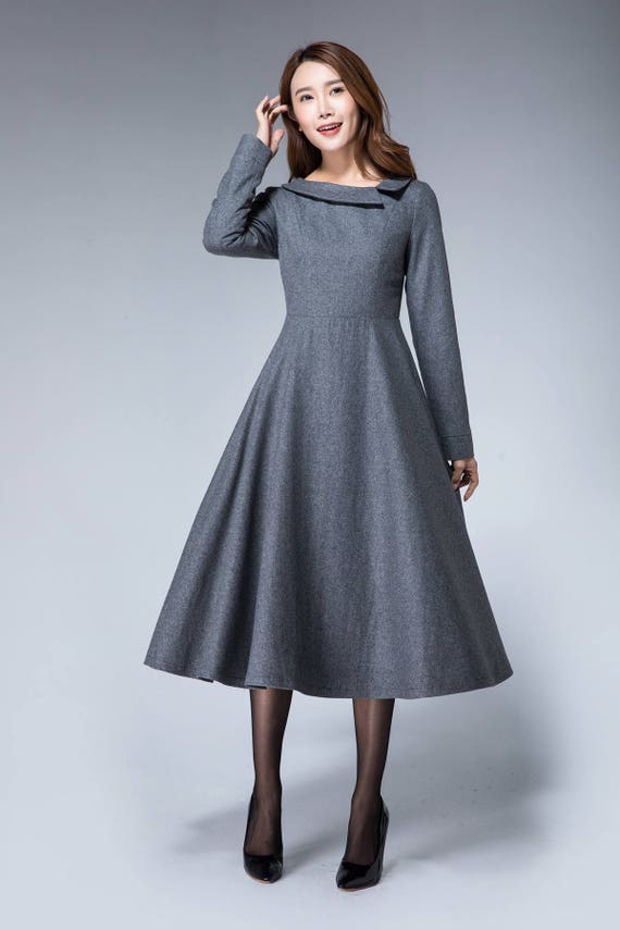 warm dress dark gray dress wool dress fitted dress long