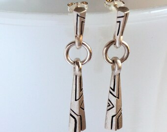 Silver dangle earrings, rain stick earrings, tribal dangles, Deco Native Earrings, Primitive earrings, Art deco, Native American, rainsticks