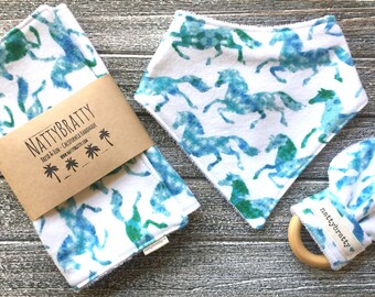 Blue Horses Baby Bib - Bandana Bib - Burp Cloth - Teething Ring - Gift Set - Cowboy Cowgirl - Western Style - Rancher Style - Wild Horses