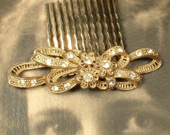 OOAK Antique Art Nouveau / Art Deco Vintage Wedding Paste Rhinestone Gold Bridal Hair Comb, Keepsake Filigree Hairpiece 1920s - 1930s Clip