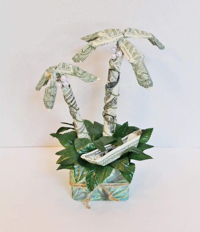 Download Money Origami Palm trees and Sampan boat 14 one dollar bills