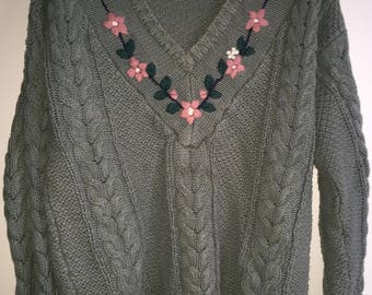 Vintage Women's Cable Knit Sweater By Shenanigan's Size Large Green Flowers