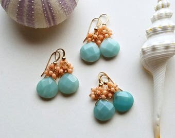 SALE Peach Coral Amazonite Earrings, Peach Mint Earrings, Mint Coral Earrings, Aqua Peach Dangle: 25% Off