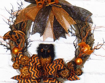 Halloween Wreath, Halloween Decoration, Halloween Owl, Black and Orange Wreath, Halloween Grapevine, Halloween Decor