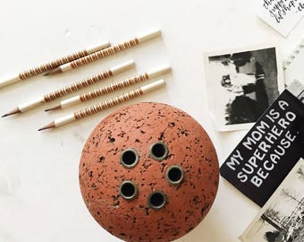 mid century round cork pencil holder / orb memo ball / office supplies