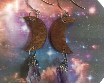 crescent moon earrings, wood moons, moon earrings, amethyst earrings, quartz crystals