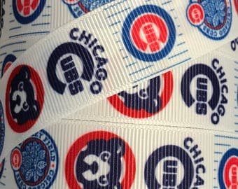 7/8 Inch Grosgrain Ribbon - Printed Grosgrain Ribbon - Chicago Cubs Ribbon - Ribbon By The Yard - Supply - MLB Baseball Ribbon - Cubs Logos