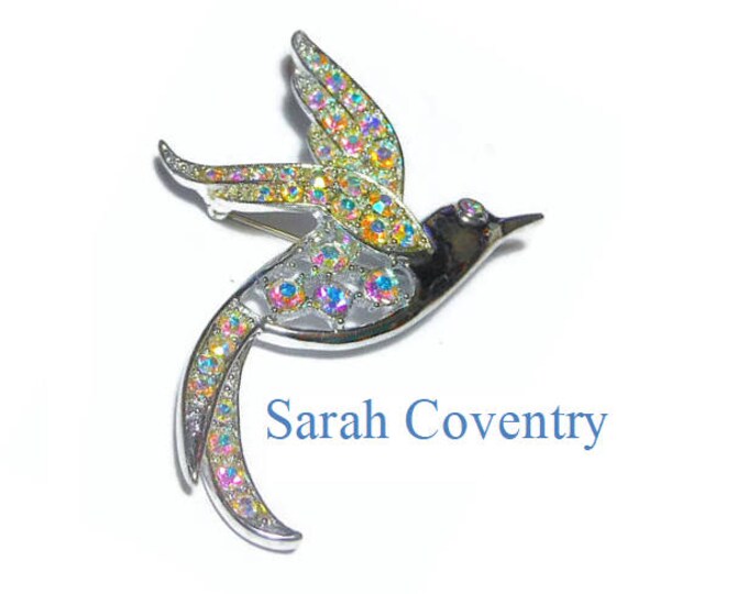 FREE SHIPPING Sarah Coventry bird brooch, Bird of Paradise, 1960 AB Aurora Borealis open work, pave rhinestone