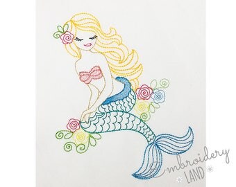 Beautiful Mermaid Colorwork Sketch Machine Embroidery Design 4 sizes DE052
