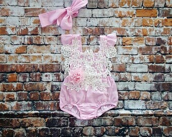 Baby Girl Lace Romper & Headband. Newborn Baby Girl Coming Home Outfit, 1st Birthday, Summer Set, Baby Shower Gift, Flower Girl, Pink White