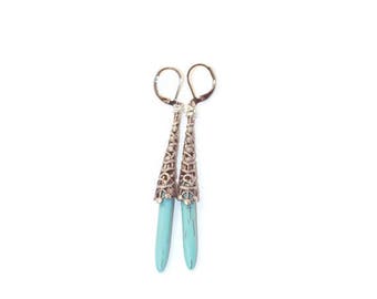 Long Thin Earrings, Spike Earrings, Turquoise Earrings, Earrings With Lever Back Hooks