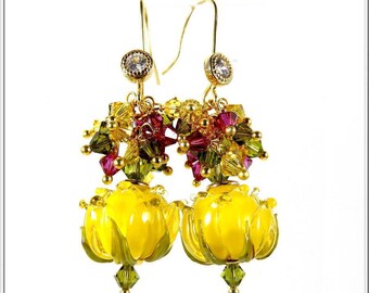 DAFFODIL earrings gold plated lampwork glass spun main.uniques Crystal-made.