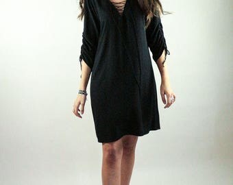 Black lace up dress, black gypsy dress, black hippie dress, black bohemian dress, black casual dress, black short dress, black boho dress