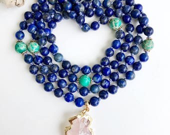 Blue Lapis Knotted Mala Necklace, Mala Necklace, Lapis Mala, Mala Beads, 108 Mala Beads, Meditation Mala Necklace, Knotted Mala Beads, MLKJ