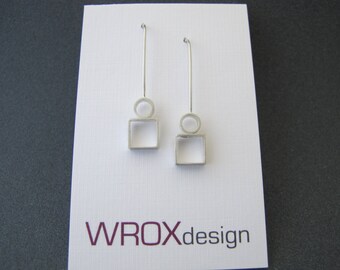 Dia Drop Earrings, Circle Square Earrings, Geometric Earrings, Modern Earrings, Geometric Jewelry, Sterling Silver, Shiny or Matte Finish