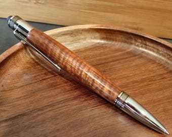 Curly Koa Pen Cortona Style, Stylus Tip Twist Ballpoint, 24kt Gold & Chrome Finish, High Grade Koa, With Rosewood Pen Box / Pen Holder