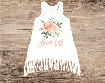 Flower Girl Dress, Cute Watercolor Flowers with Fringe