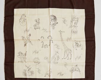 Vintage Silk Scarf Lord and Taylor c1960s 60s Brown Ivory Conversational Animals Nursery Rhymes Fairy Tales