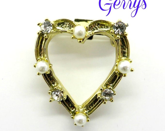 Pearl Heart Pin, Dainty Brooch, Vintage Jewellery, Signed Gerry's Faux Pearl, Rhinestone Heart Pin, Gift for Her