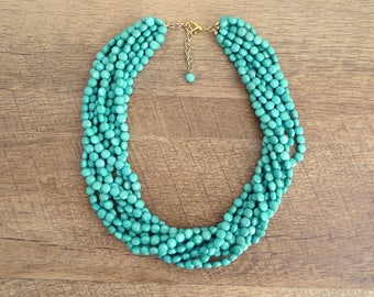 The Riva Teal Statement Necklace, Layered Statement Necklace, Multistrand Necklace, Teal Beaded Statement Necklace, Chunky Teal Necklace