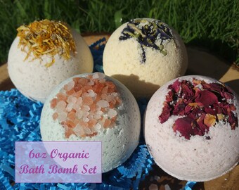 Organic Bath Bombs Set! (Four) 6oz All Natural Bath Bomb Gift Set, Organic Gift for her, Natural Dye, Bulk Gift Set.