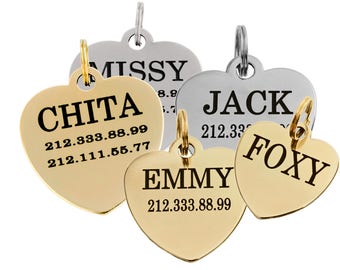 Heart Dog ID Tag Personalized Pet Name Custom Engraving 24K Gold Plated Brass Stainless Steel Pet Tag