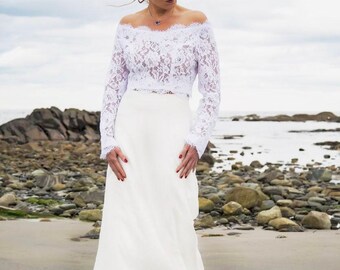 Lace Top, Wedding Lace Top, Silk Maxi Skirt, Bridal Top, Wedding Separates, White Bridal Top, Bridal Separates, Ivory Top,Open Shoulders Top