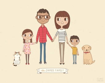 Custom Family Portrait Illustration, Personalised Digital Print 8x10 or A4, Gift Idea