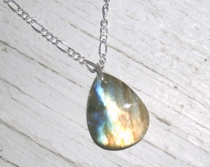 Labradorite Gemstone Necklace, teardrop pendant necklace, small teardrop, multi flash, spectrolite, rainbow flash, 925 stamped silver chain