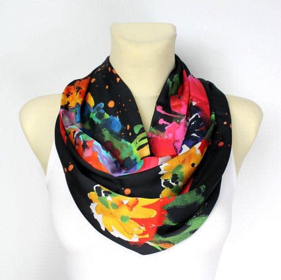 Rainbow Satin Scarf Colorful Loop Scarf Watercolor Scarf Geometric Loop Scarf Printed Loop Scarf Silk Loop Scarf Summer Outdoor Summer Party