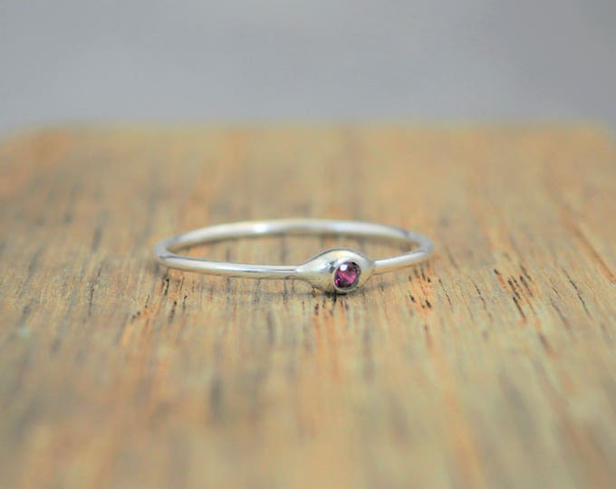 Dainty Silver Ruby Mothers Ring, Ruby Birthstone, Tiny Ruby Ring, Dew Drop Ring, Sterling Silver, Stacking Ring, July Birthday Gift