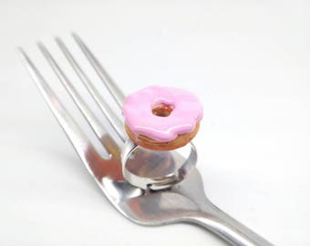 Classic Glazed Donut Ring Doughnut Ring, Miniature Food Jewelry, Polymer Clay Donut, Steel Ring, Donut Jewelry, Statement Ring