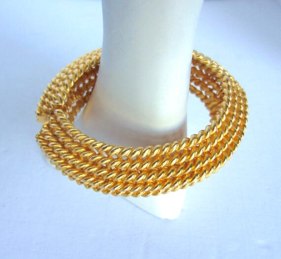 Kenneth Jay Lane KJL signed BRAID design Gold tone hinged CLAMPER bangle BRACElET ~sophisticate vintage costume jewelry