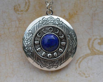 Silver Lunar Cycle Locket with Lapis Lazuli