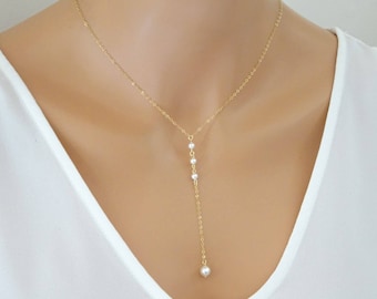 Pearl lariat necklace, Bridal pearl y necklace, wedding jewelry, Bridesmaid Necklaces, Sterling silver , Gold fill, Rose gold