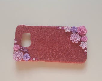 Purple Samsung Galaxy S6 case, flower glitter phone case, stocking filler idea, birthday and christmas present for her, unique gift for girl