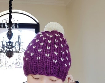 Chunky Pom Pom Hat in Purple and white - Fair isle