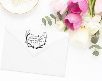 Return Address Stamp, Address Stamp, Custom Address Stamp, Rustic Antler Address Stamp, Personalized Return Address Stamp, Rubber Stamp 74