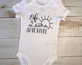 Mountain Adventure Bodysuit,Baby boy girl bodysuit,unisex neutral creeper,outdoors mountain hills peak,sun sunny one piece,black white set