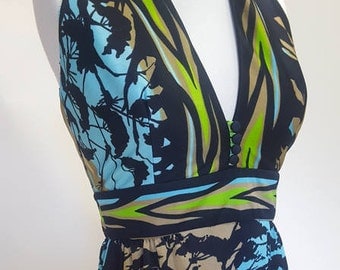 Vintage 1970s Pastoral print maxi halter dress