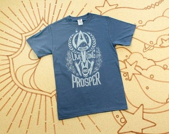 Star Trek T-Shirt // Live Long and Prosper Spock shirt in Vintage Blue with silver ink // Hand Screen Printed // Available In Plus Size